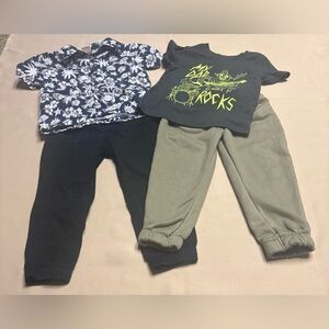 Set of 4 - Boys Pants Joggers Green Black Graphic Tee Hawaiian Shirt Sz 3T